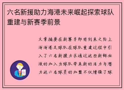 六名新援助力海港未来崛起探索球队重建与新赛季前景