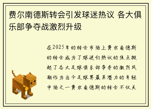 费尔南德斯转会引发球迷热议 各大俱乐部争夺战激烈升级